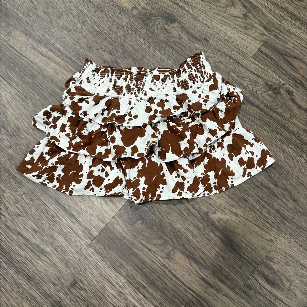 Sincerely Jules Brown and White Cow Print Ruffle Mini Skirt